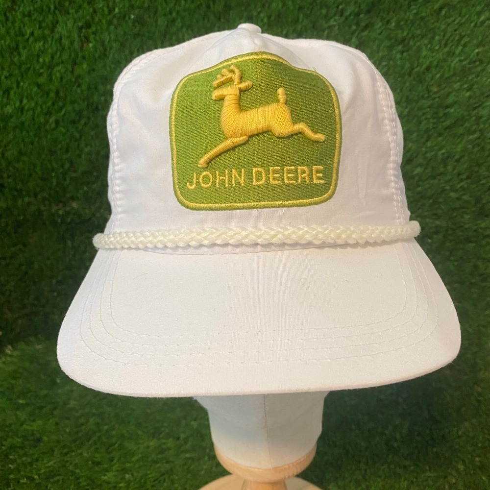 Vintage John Deere Trucker Hat Big Logo Rope Cap White RARE 80s EUC